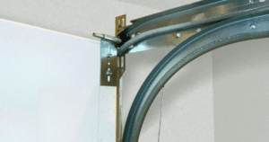 Close-up of a garage door track system.